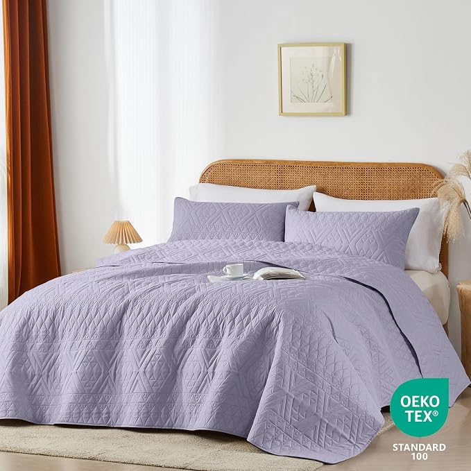 akkialla Twin Size Quilt Bedding Set,Lavender Lightweight Microfiber Soft Bedspreads,Modern Style Geoetric Pattern Coverlet Set for All Seasons,2 Piece(1 Quilt,1Pillow Sham)
