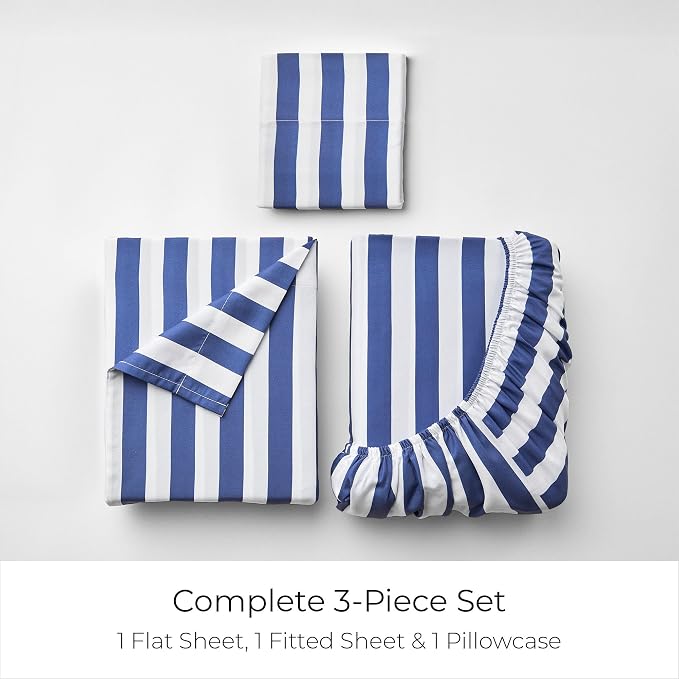 Mellanni Iconic 3-PC, Ultra Soft Sheet Set (Twin, Oxford Stripe Blue Nova) | 10M+ Sleepers. Lab-tested: Sleeps Cool, Stays Bright, Strong, Smooth. Good Housekeeping Best Bedding, 7 yrs running.