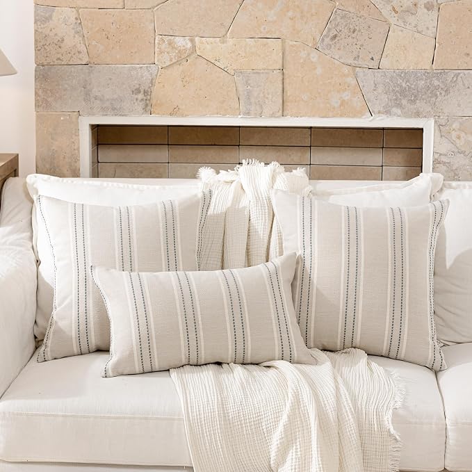 Hckot Grey Decorative Throw Pillow Covers 18x18 Set of 2 Boho Pillow Covers | Striped Farmhouse Pillows Textured Linen Square Cushion Covers for Sofa Couch Bed Living Room Decor(Light Grey)