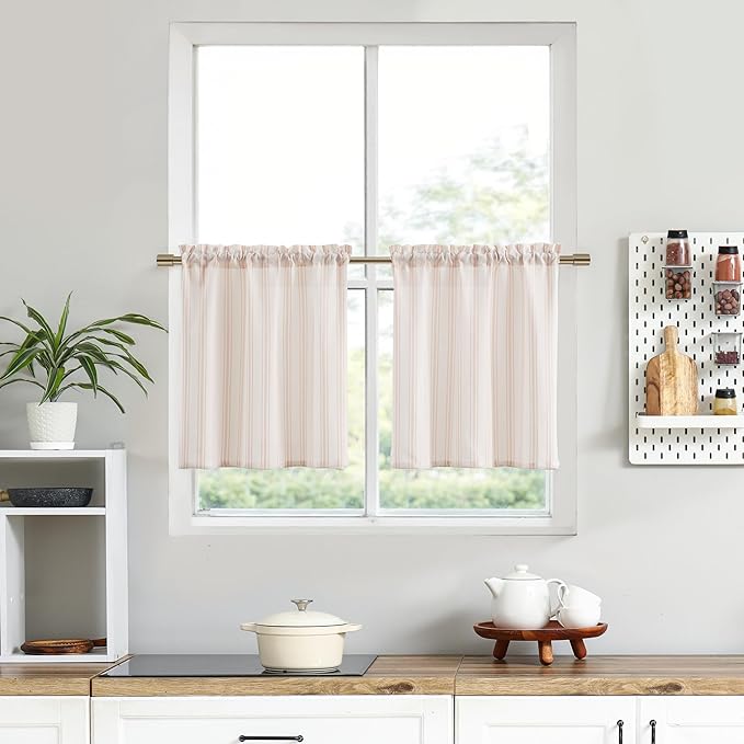 ZJDECOR Cotton Blended Pink Vertical Stripe Tiers Panels,27" Wx24 Lx1 | Cafe Curtains,Semi Sheer,Rod Pocket,Cotton Blended Tiers,Cottage Farmhouse Rusitc,Kitchen Bathroom RV Window Treatment