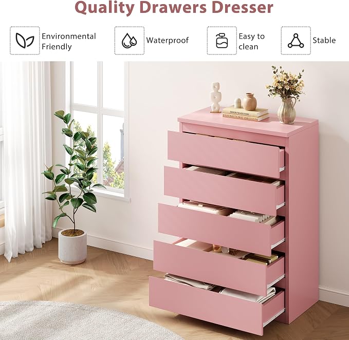 Jocoevol Pink 5 Drawer Dresser for Bedroom, 15" D x 23.7" W x 40.4" H in Simply Chest of Drawers, Wood Storage Dresser with Drawers for Living Room Hallway Entryway, Pink