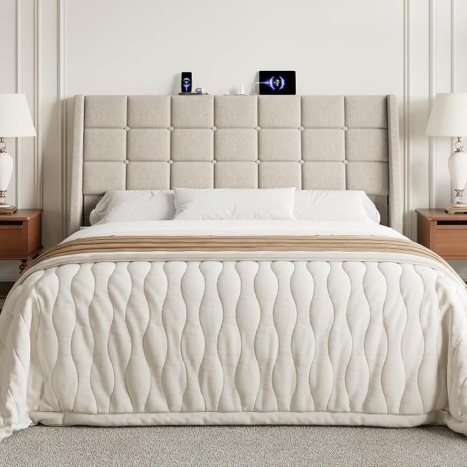 Queen Size Headboard with Charging Station, Wingback Ergonomic Headboards | Wingback Upholstered Bed Head Board with Storage Pocket, Sturdy Stable Solid Wood Headboard, Bed Frame Adapters, White Beige