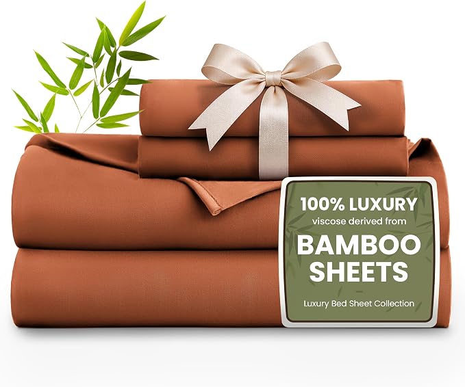 Love's cabin 3 Piece Twin Sheet Set, 100% Rayon Derived from Bamboo, Cooling & Breathable, Soft Silky Deep Pocket up to 16", Hotel Luxury Bedding for Hot Sleepers, Burnt Orange