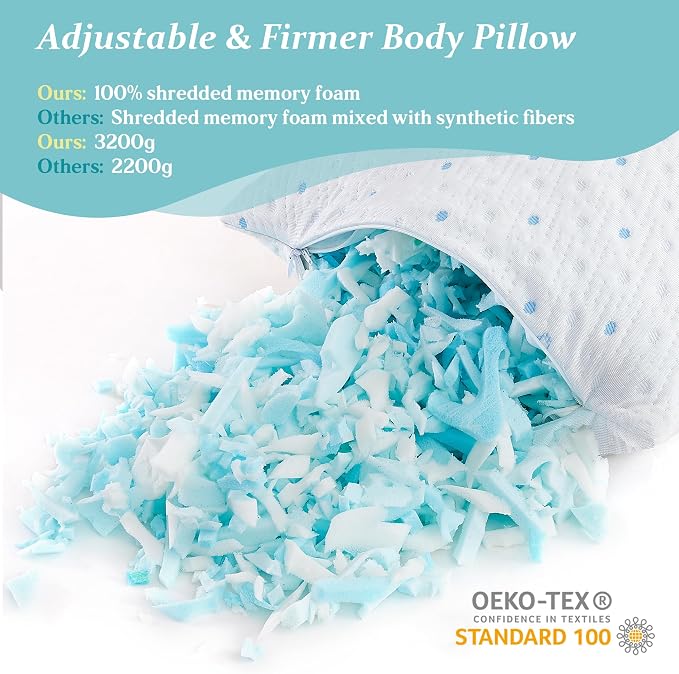 Dreamood Cooling Body Pillow Shredded Memory Foam with Pillowcase for Adult | Adjustable Full Foam Pregnancy Long Bed Body Pillows for Adults Side Sleeper - with Washable Cooling Comfortable Side Cover