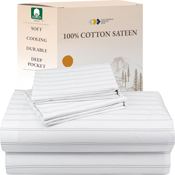 Soft Natural 100% Cotton Sateen King Size Bed Sheets, Classic Stripe Print | Backed by Good Housekeeping Seal, Light & Breathable For Hot Sleepers, 14" Deep Pocket Set, All-Around Elastic, Durable