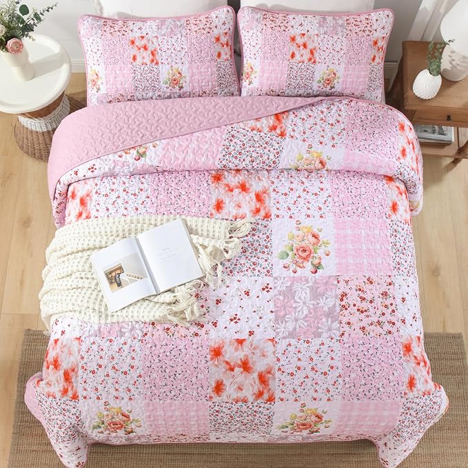 Mybedsoul Pink Quilts Queen Size, Patchwork Floral Reversible Bedding Set | Soft Lightweight Microfiber Coverlet Set, 3 Pieces Plaid Bedspread, Bed Sets for All Seasons 96"x90"