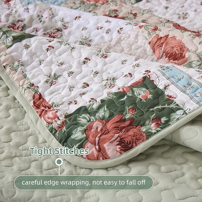Anibedding Floral Patchwork Quilt Set Queen Size, Red Green Plaid Bedspread | Rustic Floral Boho Coverlet Set, Soft Lightweight Farmhouse Quilt Bedding Set 3 Pieces for All Season, 96''x90''