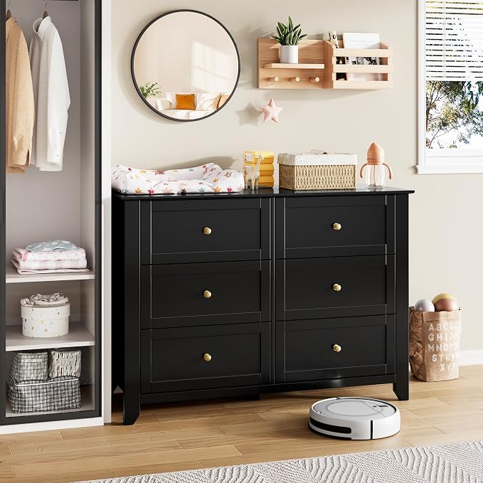 Garvee 6 Drawer Dresser for Bedroom, 47.2" Wide Modern Large Chest of Drawers with Metal Knobs, Wooden Clothes Storage Organizer for Closet, Nursery, Living Room, Apartment, Black | Lacquered Finish, Metal Knobs, Clothes Storage Organizer for Closet, N...