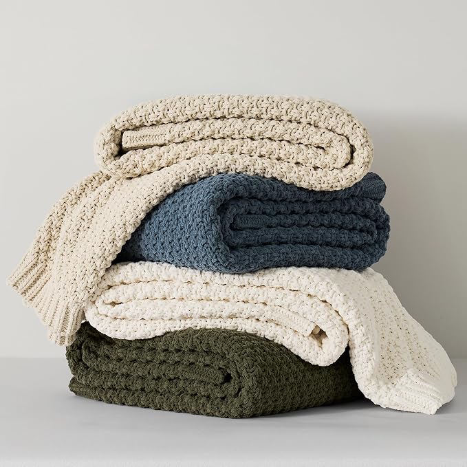 EVERGRACEHOME Chunky Chenille Knit Throw Blanket, 50 x 60, Ivory White | Sculpted Moss Stitch, Chic Modern Farmhouse, All-Season Warmth, OEKO-TEX® Certified, Elegant Blanket for Couch, Bed, Sofa