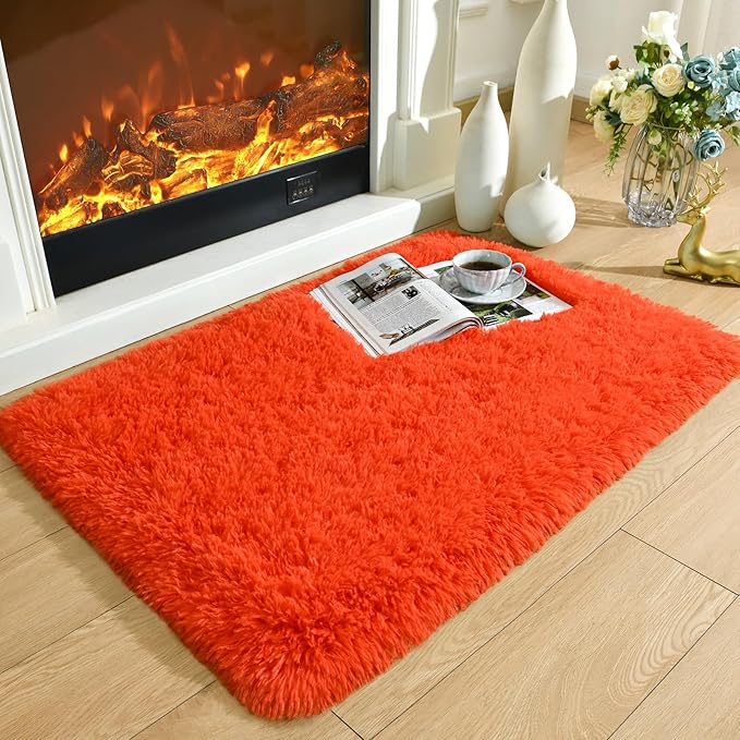 Fluffy Rug Shaggy Area Rug, Orange Red 2x3 Small Rugs for Fireplace Holiday Dearations, Mini Fuzzy Plush Kids Bedside Rug, Soft Non-Slip Entryway Throw Rugs Shag Catpet for Living Room