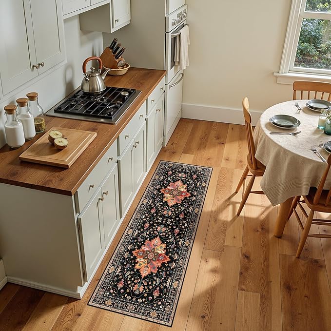 RELEANY Washable Area Rug, Runner 2'x5', Black/Colorful | Non-Slip, Water Repellent, Pet Friendly, Easy to Clean, Vintage Floral Boho Decor for Kitchen Entry Bedroom Bedside Laundry