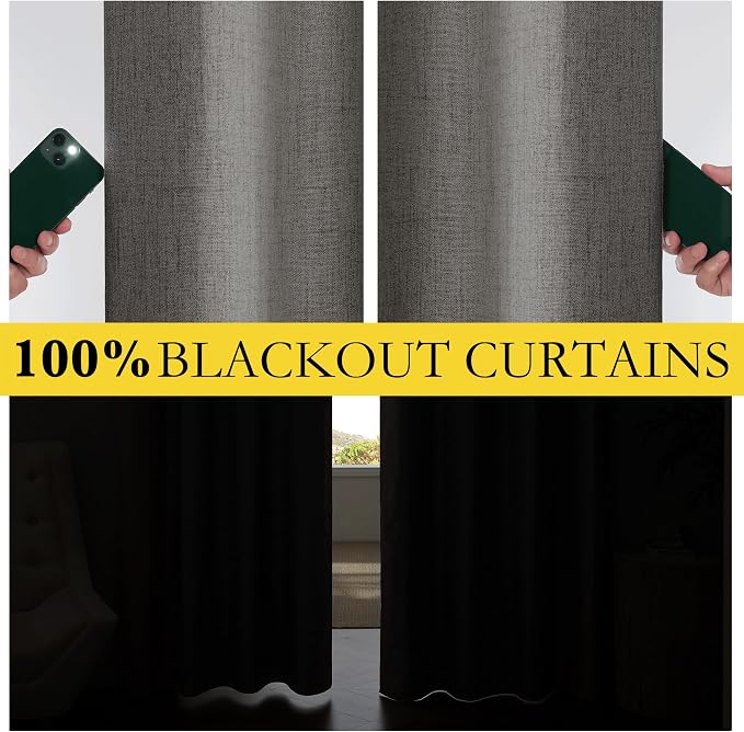 NICETOWN 100% Blackout Linen Curtains 84 inch Long 2 Panels, Grizzle Gray | Back Tab Cozy Bedroom Curtains for Daytime Sleep, Noise Reducing, Privacy Protection, Energy Saving, W52" x L84" per Panel