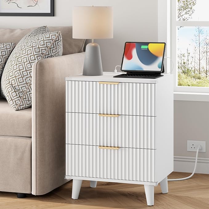Wood Nightstands Set of 2 w/Charging Station, 3 Drawers Fluted Dresser | White, Large Drawers, Metal Silent Rails, FSC Wooden, Sturdy Legs, Modern Fluted Panel, Living Room, Bedside Table