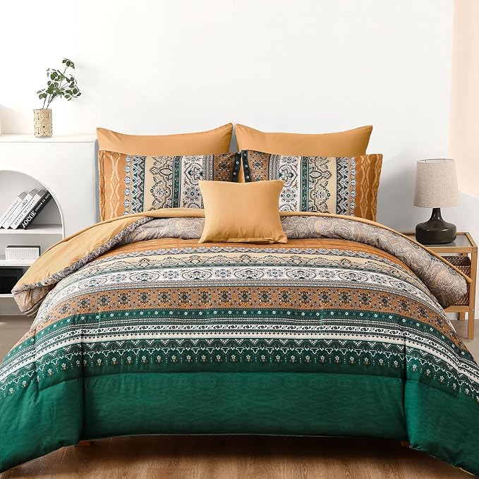 Cottolester Boho Comforter Set Full Size,8 Pieces Brown and Green Bohemian Striped Bed in a Bag,Paisley Soft Microfiber Bedding Comforter Set