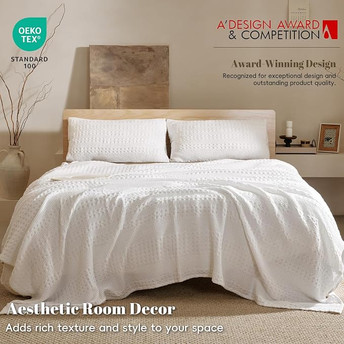 PHF Lightweight 100% Cotton Waffle Blanket for Bed, Twin XL, White | Pre-Washed Soft Cotton Comfort, Breathable Layering Warmth for Fall & Winter, Couch & Guest Room, Couch, Home Decor & Gifts