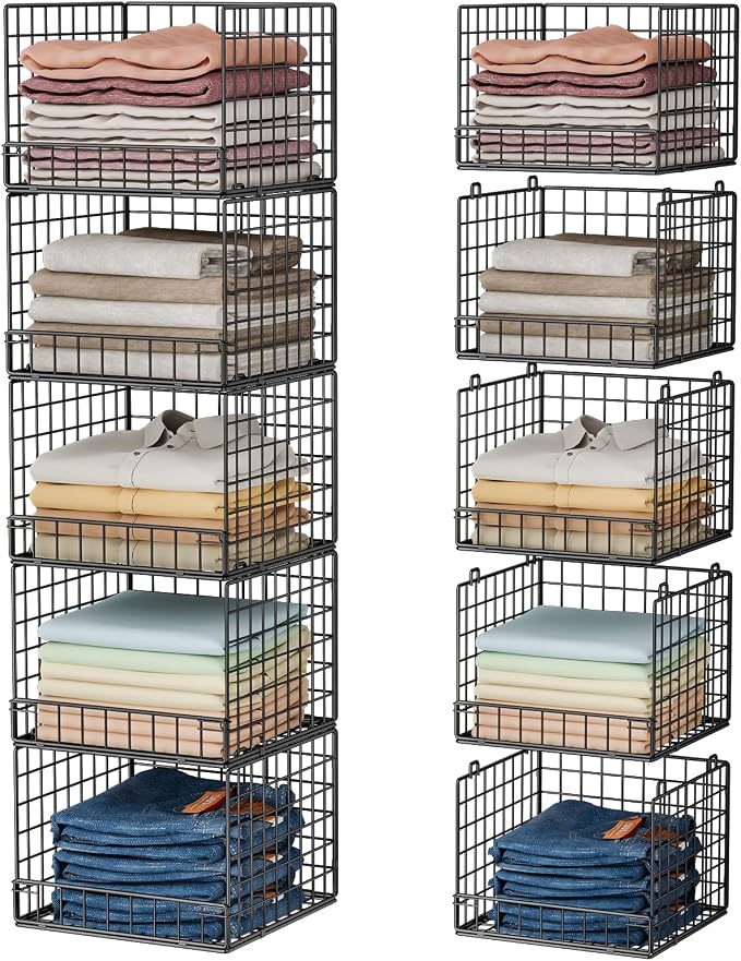 5-Tier Stackable Closet Organizers and Storage Baskets, Closet Shelf Organizer for Small Space, Space-Saving closet organizer system, Foldable Clothes Storage Bins for Closet Organizer System, Black