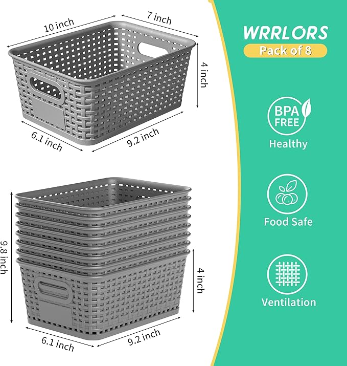 8 Pack Plastic Storage Baskets,Grey Stackable Bins with Lid | 5.3qt Storage Containers with Labels for Organizing Shelves Drawers Desktop Closet Playroom Classroom Office