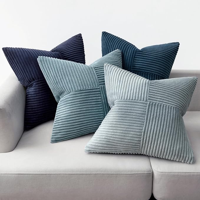 MIULEE Dusty Blue Navy Farmhouse Throw Pillow Covers 18x18 Inch Set of 4 Boho Patchwork Gradient Cushion Cases Western Modern Pillow Cases Corduroy Home Decor for Couch Sofa Living Room Bed