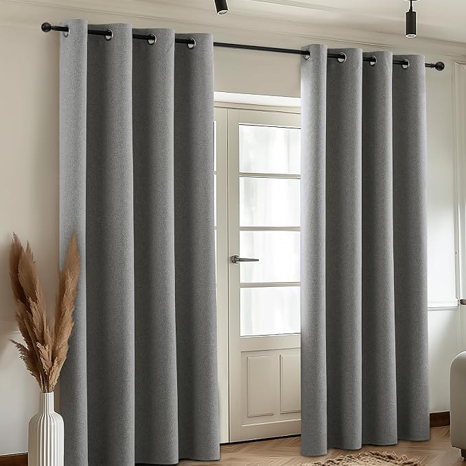 COSVIYA 100% Blackout Dove Grey Linen Curtains & Drapes 63 Inch Length | Light Blocking Full Room Darkening Grommet Insulated Thermal Window Panels for Bedroom/Living Room,52x63 inches,2 Panels