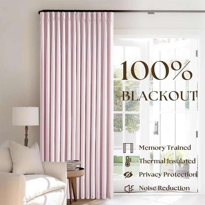 Light Pink Pinch Pleated 100% Blackout Linen 84 Inch Curtains | Room Darkening with Liner, Memory Shape Pleat Back Tab, Thermal Insulated, for Living Room Nursery Girls Bedroom, W40xL84