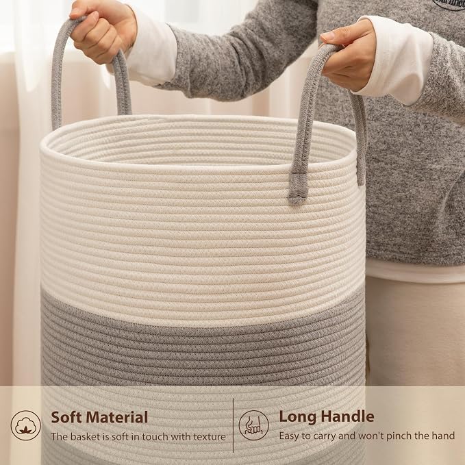 OIAHOMY 60L Nursery Hamper Laundry Basket Laundry Hamper Gradient Grey | collapsible Blanket Basket Cotton Rope Woven Basket Dirty Clothes Hamper Baby Hamper Tall Clothes Hamper with Handles