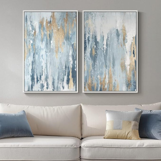 Large Framed Blue Gold Abstract Canvas Wall Art Decor Set of 2, 24x30 In | Glitter, Modern paintings, Light Blue, Gold details, Minimalist pictures, Wood frame, Living room, Dining room wall decor