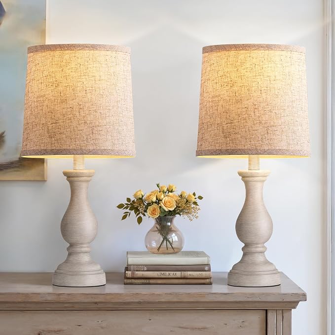 22" Farmhouse Table Lamps Set of 2, Rustic Bedside Lamps for Bedroom | Lamps for Living Room, Night Stands, End Table, Office, Desk, Clearance, Boho Decor, Linen Shades