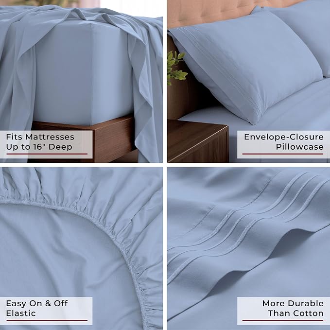 Mellanni Iconic 4-Piece, Ultra Soft Sheet Set (King, Sky Blue) | 10M+ Sleepers. Lab-tested: Sleeps Cool, Stays Bright, Strong, Smooth. Good Housekeeping Best Bedding, 7 yrs running.