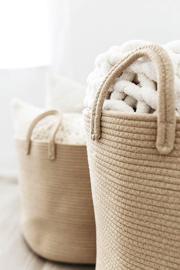 OrganiHaus Tall Cotton Rope Laundry Basket & Hamper, Blanket Storage 52L | Full Honey - Tall Cotton Rope Hamper, 52L