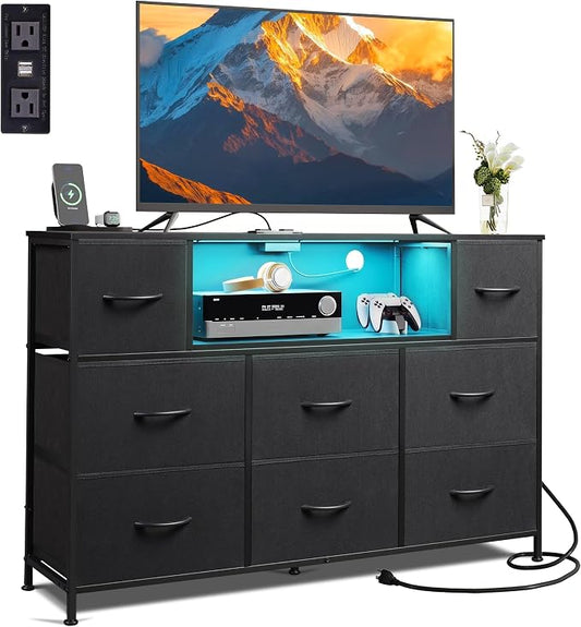 WLIVE LED Black Dresser TV Stand for 55 Inch TV, 8 Drawers | Fits TVs up to 55 inch, 8 fabric drawers, LED chest of drawers, Built-in power outlet, Living room or bedroom