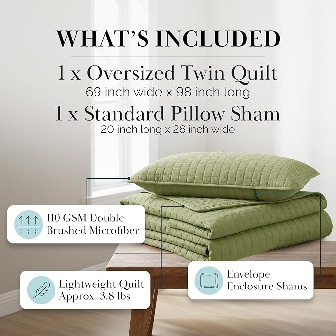 Southshore Fine Living, Inc. Twin XL Quilt Set, Dorm Room Bedding Essentials, Stain Resistant Bedding, Machine Washable Bed Spread, Twin XL Green Quilt Bedspread Set w/Pillow Sham, Sage Green