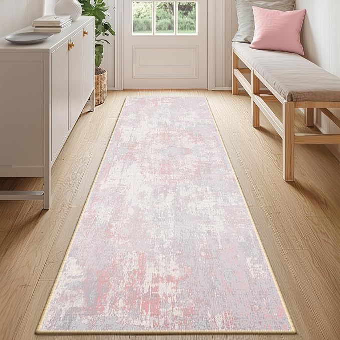 RELEANY Washable Runner 2'x10' Abstract Area Rug for Hallway Gray Pink | Carpet for Kitchen, Entryway, Bathroom, Living Room, Bedroom, Printed Pattern, Non‑Slip, Soft, Stain‑Resistant, Easy to Clean