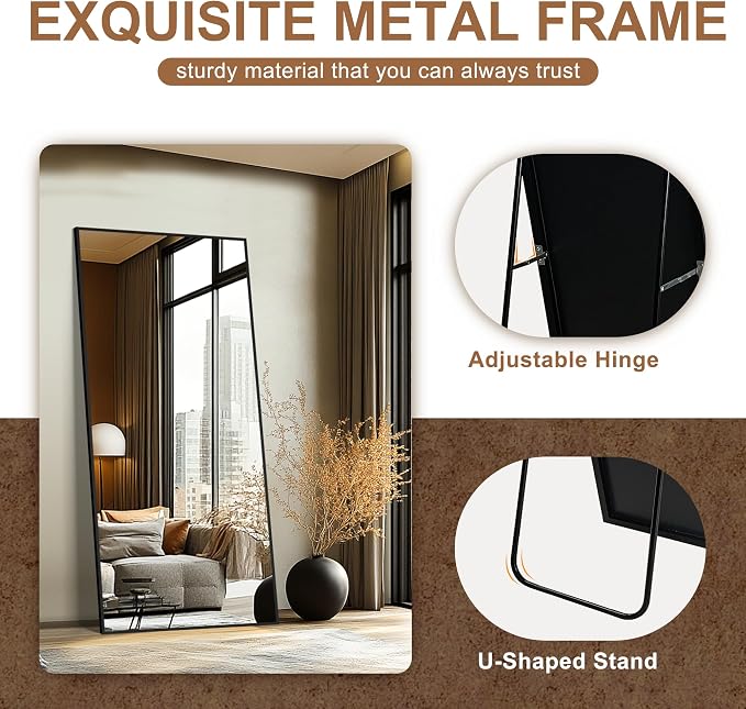 Full Length Mirror with Stand, 70x30 Black Floor Mirror | Aluminium alloy frame with HD float glass for distortion-free reflection. Free standing or wall mounted.