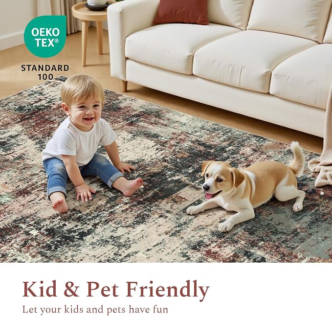 Rugflix 2x3 Entrance Rugs, Washable Rust Brown Green Entry Rug | Machine Washable; Stain-Resistant; Low Pile; Non-slip; Modern Abstract; Black Carpet for Entryway Kitchen Hallway Home