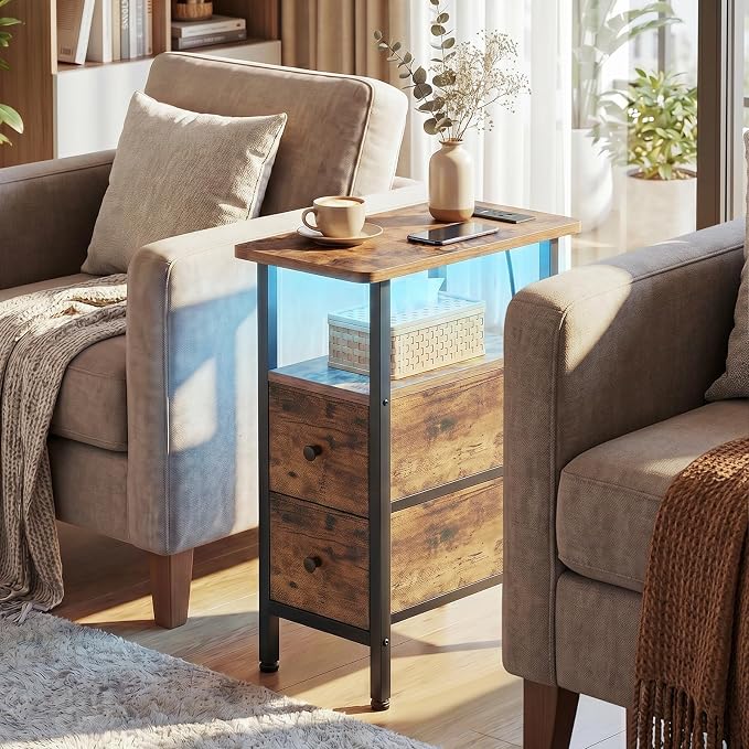 LOAKEKEL Narrow End Table with Charging Station, Small Nightstand | Skinny Side Tables Living Room with 2 Fabric Drawers, Slim Bedside Table with LED Lights for Bedroom, Small Spaces, Brown
