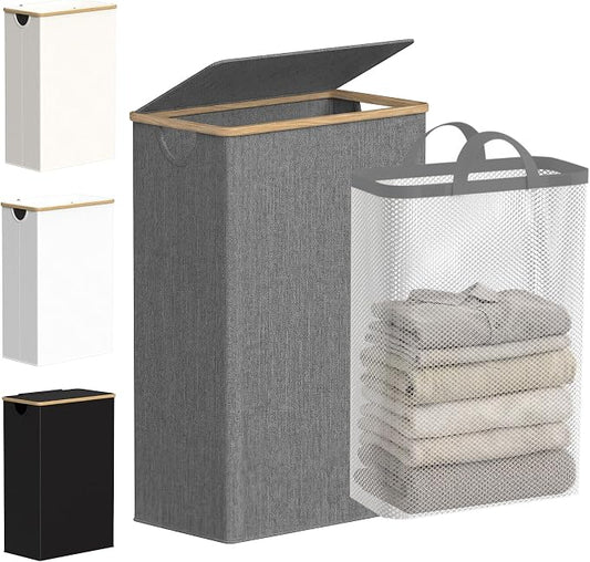 efluky Slim Laundry Basket with Lid, Narrow Laundry Hamper with Removable Bag, Skinny Dirty Clothes Basket with Bamboo Handles for Bathroom, Bedroom & Laundry Room, 75L Grey