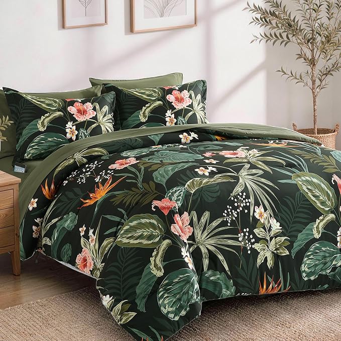 Queen Comforter Set - 7 Pieces Soft Floral Bed in a Bag Queen Bedding Sets | Dark Green Botanical Flowers Comforter Set with Sheets, Pillowcases & Shams for All Seasons