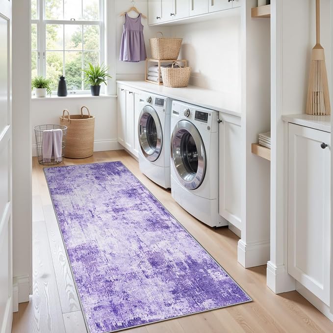 RELEANY Washable Runner 2'x8' Abstract Area Rug for Hallway Purple | Carpet for Kitchen, Entryway, Bathroom, Living Room, Bedroom, Printed Pattern, Non‑Slip, Soft, Stain‑Resistant, Easy to Clean