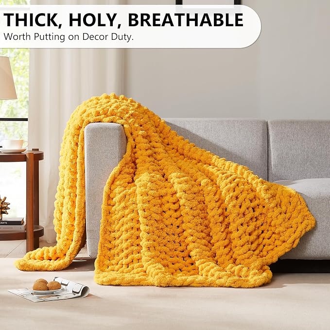 L'AGRATY Chunky Knit Throw Blanket for Couch, 50 x 60 Inches Mustard Yellow | Handmade Chenille Crochet Blanket for Sofa Bed, Thick Cable Knitted Blankets for Room Home Decor, Birthday Gift for Women Mom