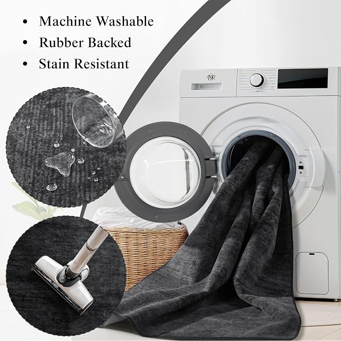2.7x6 Washable Area Rug, Black Solid Area Rugs for Living Room & Bedroom | Stain-resistant & Non-slip backing,Low Pile Washable Large Carpet, Solid Vintage Style For High Traffic Areas(2.7x6,Black)