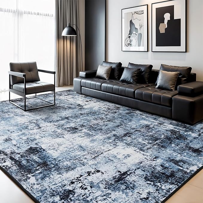 Rugflix 5x7 Area Rugs for Living Room, Washable Navy Blue Dark Large Rug | Machine Washable; Stain-Resistant; Low Pile; Non-Slip; Modern Abstract; Black Carpet for Bedroom Dining Office Nursery Home