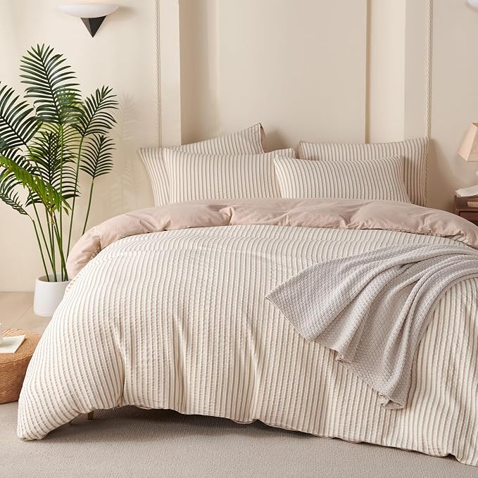 Comforter Queen Set Beige Striped Soft Luxury Washed Microfiber Jacquard 3 Pieces Bedding, White Beige Vertical Ticking Stripes Pattern Comforter with 2 Pillowcases Breathable Durable Comfy