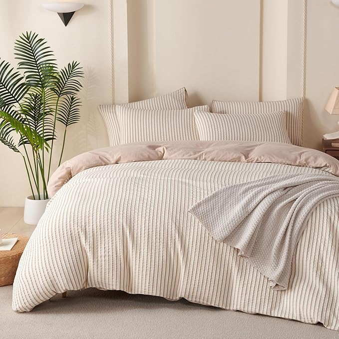 Comforter King Set Beige Striped Soft Luxury Washed Microfiber Jacquard 3 Pieces Bedding, White Beige Vertical Ticking Stripes Pattern Comforter with 2 Pillowcases Breathable Durable Comfy