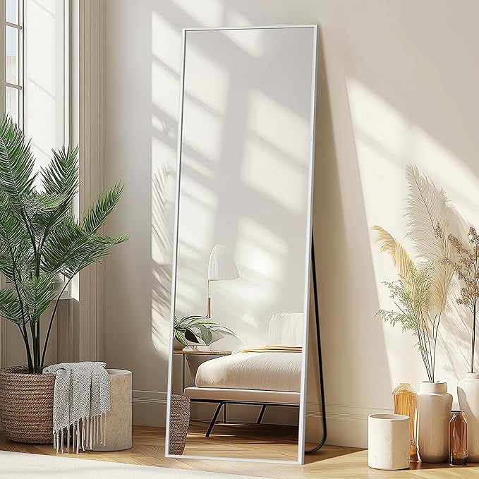 Full Length Mirror with Stand, 56x15 Silver Floor Mirror | Aluminium alloy frame with HD float glass for distortion-free reflection. Free standing or wall mounted.