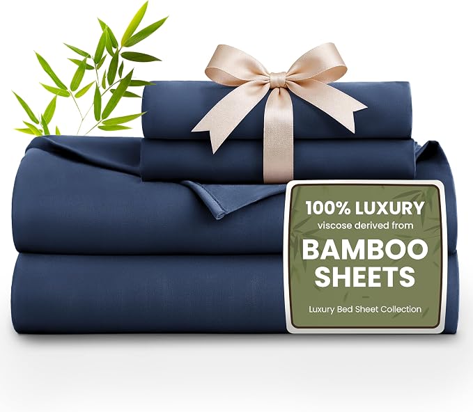 Love's cabin 3 Piece Twin Sheet Set, 100% Rayon Derived from Bamboo, Cooling & Breathable, Soft Silky Deep Pocket up to 16", Hotel Luxury Bedding for Hot Sleepers, Navy