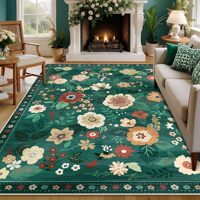 RELEANY Floral Washable 6x9 Area Rugs DarkGreen | Flower Carpet, Print, Boho, Non-Slip, Easy to Clean, Soft, Low Pile for Living Room Bedroom Kitchen Office Entryway Hallway