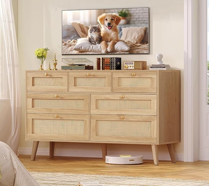 TEENFON Dresser for Bedroom, 47.2''Wide 7 Drawer Rattan Dresser, Wood Dressers TV Stand, Boho Dressers & Chests of Drawers for Bedroom, Entryway, Natural