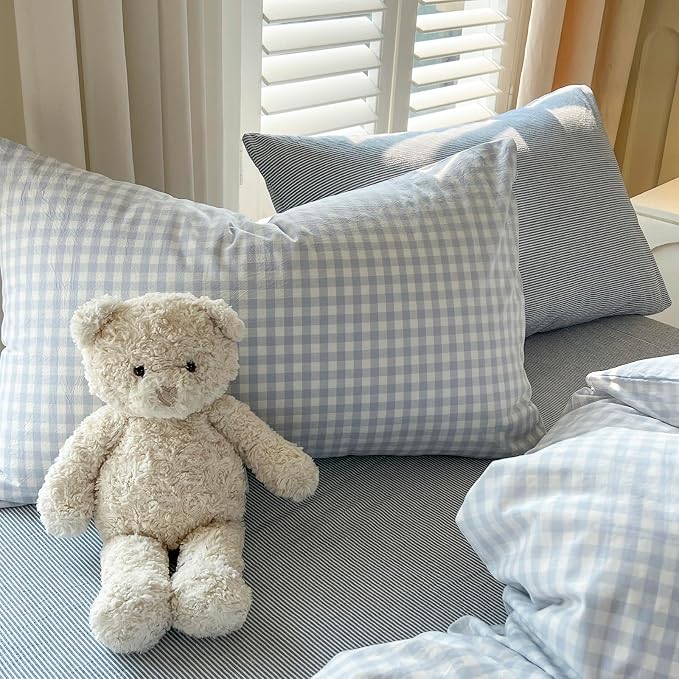 mixinni Light Blue Gingham Duvet Cover Set King Size - 100% Washed Cotton 3 Piece Plaid Checkered Bedding Set, Soft Comfy Grid Farmhouse Comforter Cover with Zipper Closure & Corner Ties