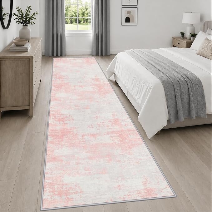 3x14 Washable Runner Rug：Modern Abstract Soft Carpet Pink White | For Hallway, Bedroom, Kitchen, Laundry, Bathroom,Door Mat,Modern Abstract,Machine washable,Non-Slip,Stain Resistant,Indoor