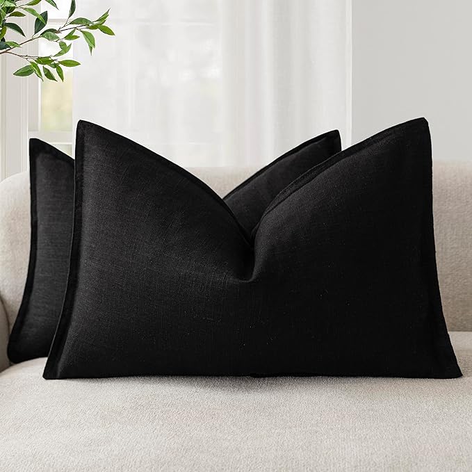 Foindtower Decorative Linen Lumbar Throw Pillow Covers 12x20 Inch Black | Pack of 2 Boho Farmhouse Pillowcase,Accent Neutral Solid Cushion Covers,Morden Home Decor for Couch Sofa Bedroom Living Room